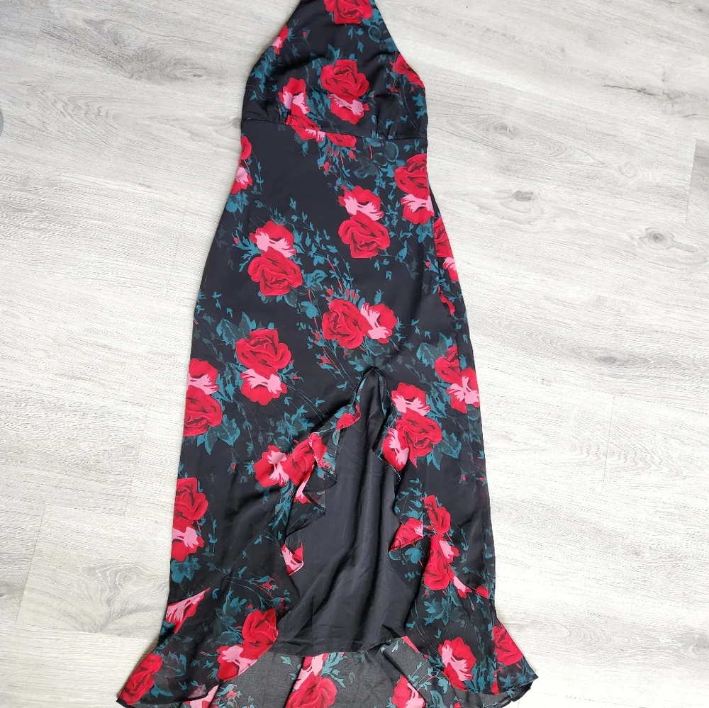 Lulu's Elegant Y2K Vibes Entrance Black Red Floral Print Halter Maxi Dress S - Picture 5 of 12
